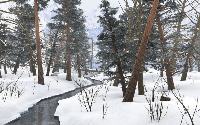 通用自然地貌背景模板8——冬天的森林,雪景森林,森林小河,北方的冬天
