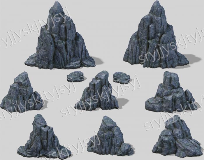 几座精心制作的山石高模模型,石头小山的雕刻模型,高精度清晰贴图,高
