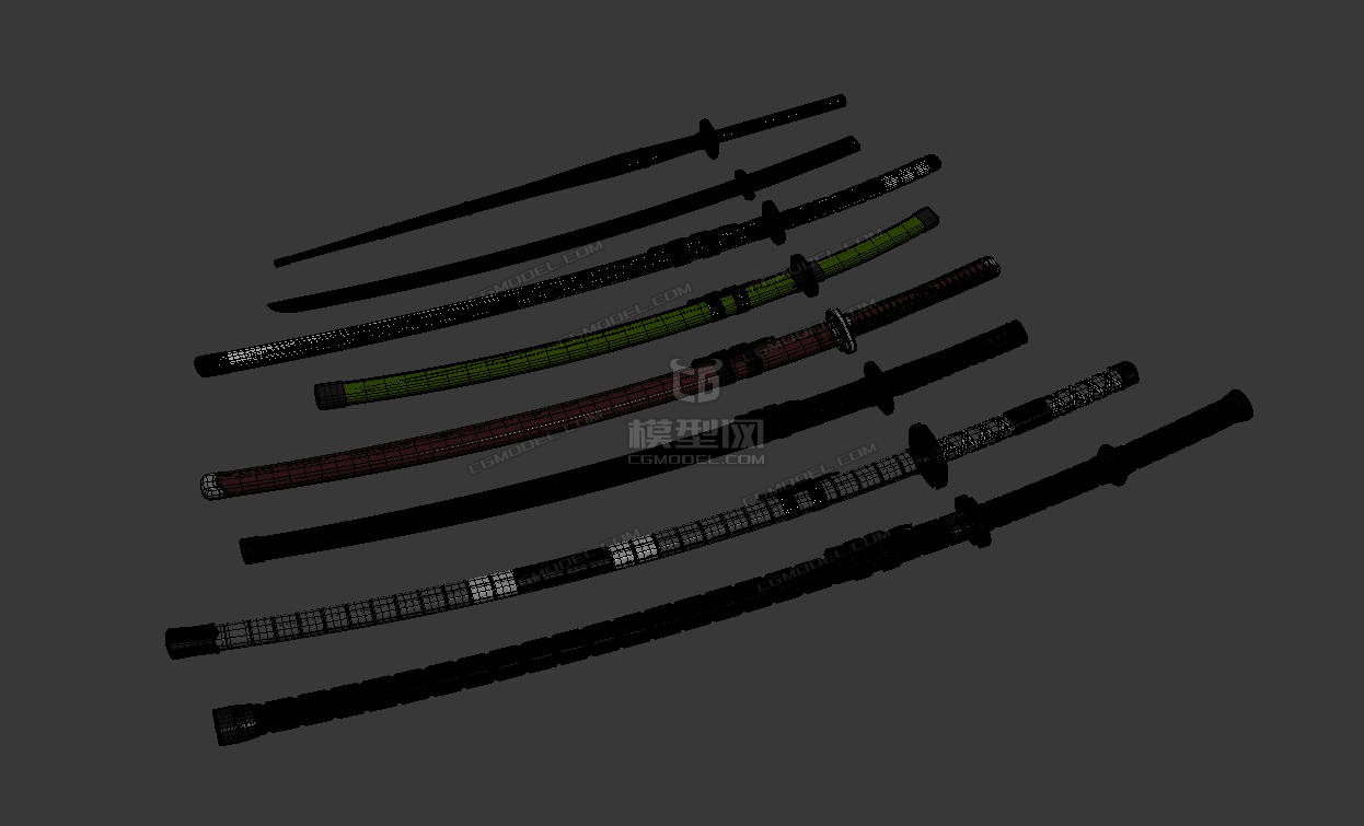 一套精品武士刀模型 包括打刀 太刀 木刀 竹剑 其他 生活用具 雪域山峰 Cg模型网