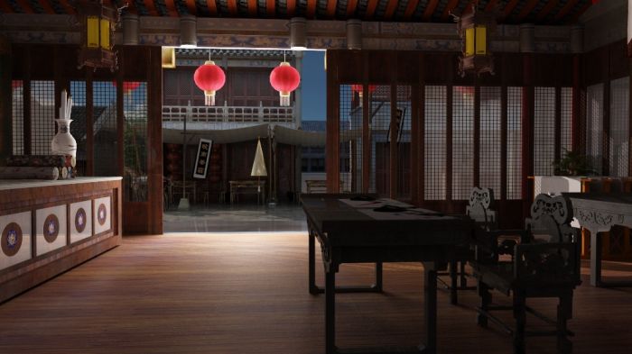 一个古代店铺的室内场景,灯光材质齐全