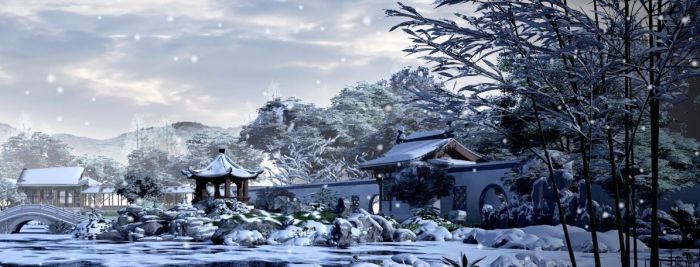 古建园林唯美的冬季雪景动画 常用建筑动画场景