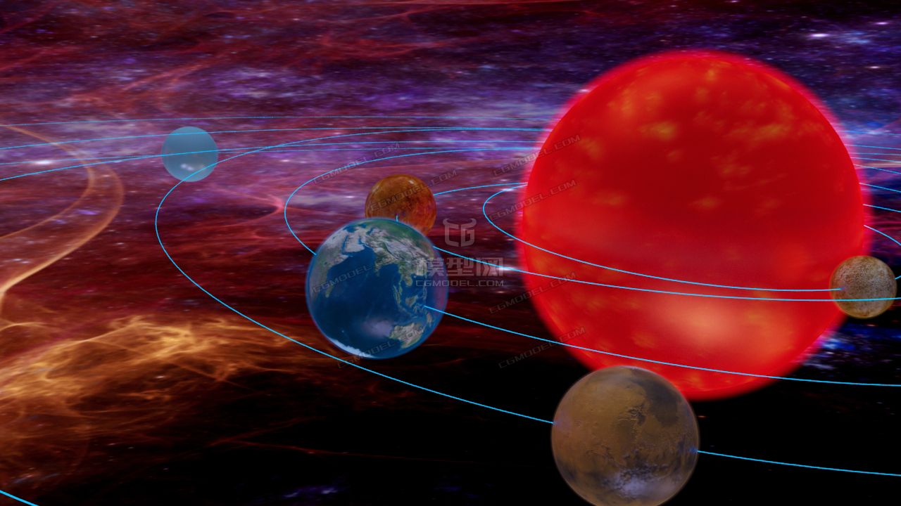 影视级太空场景,太阳系九大行星,内带星球公转自转动画,水星金星地球