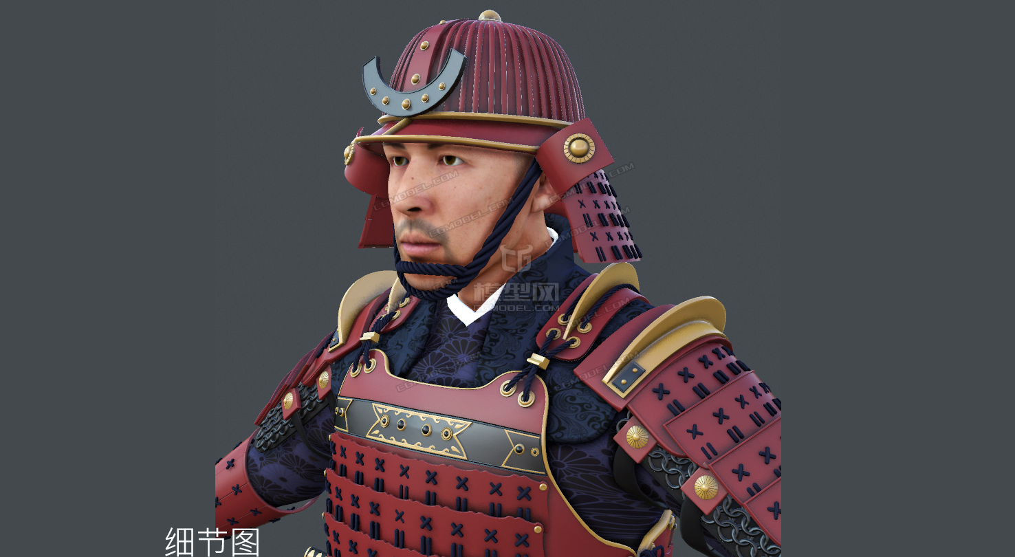影视级日本男武士带铠甲全身高精度模型有贴图无绑定动画