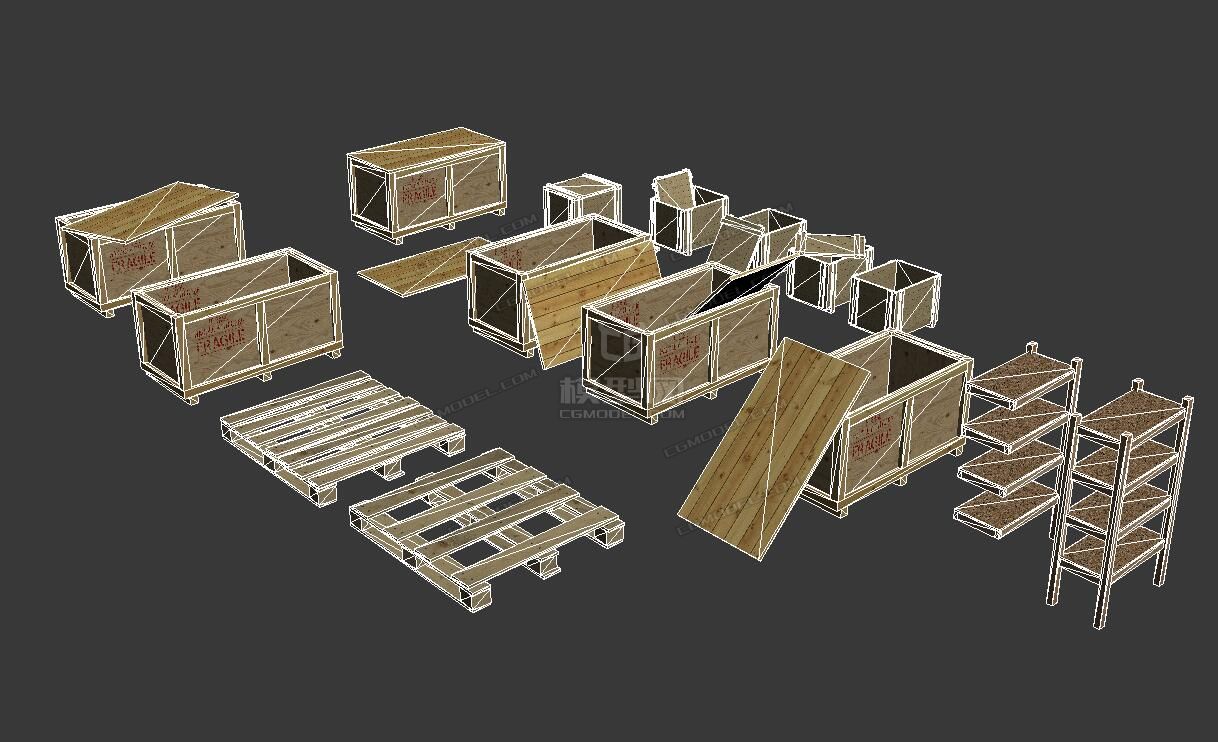 一组超写实 木箱 货柜 货架 货箱 木货板 次时代模型 2k贴图带法线