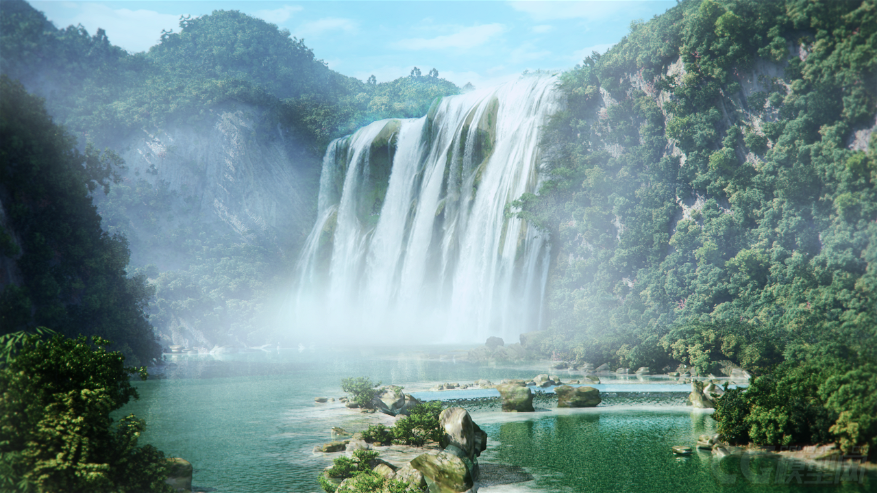 瀑布,山水,河流,完整渲染场景