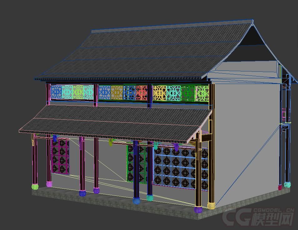 二层的古代楼房,明清建筑,木雕花阳台,徽派建筑,单体建筑