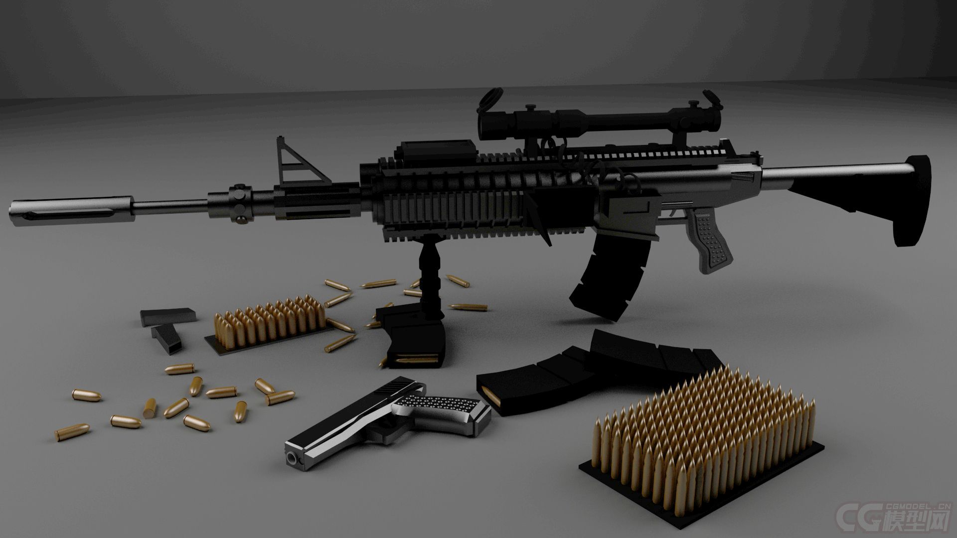 枪械组合 子弹_hxd950514作品_武器冷兵器_cg模型网