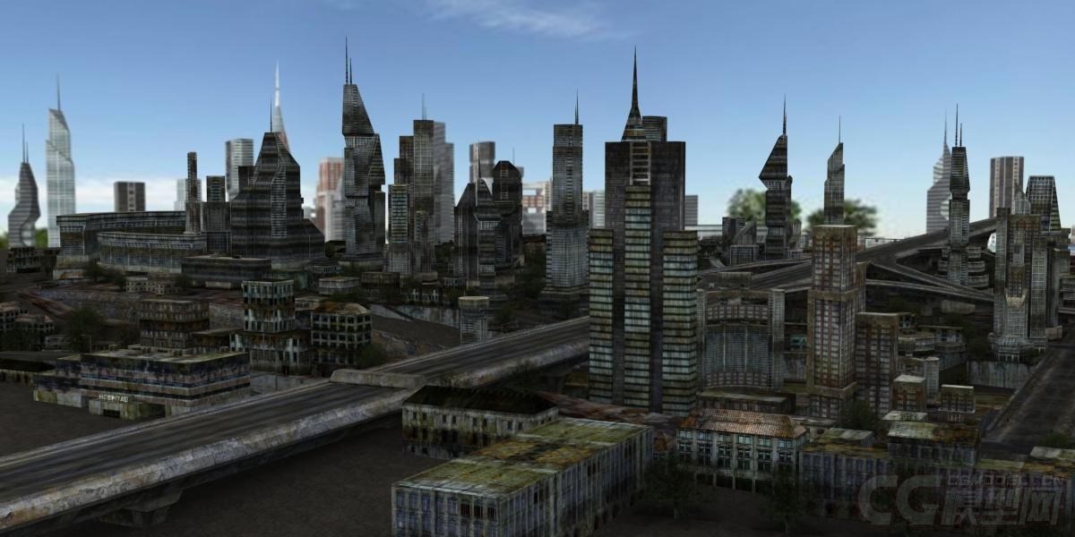 特大城市建筑破损的城市面貌灾后城市被破坏的建筑废弃建废弃城市高架