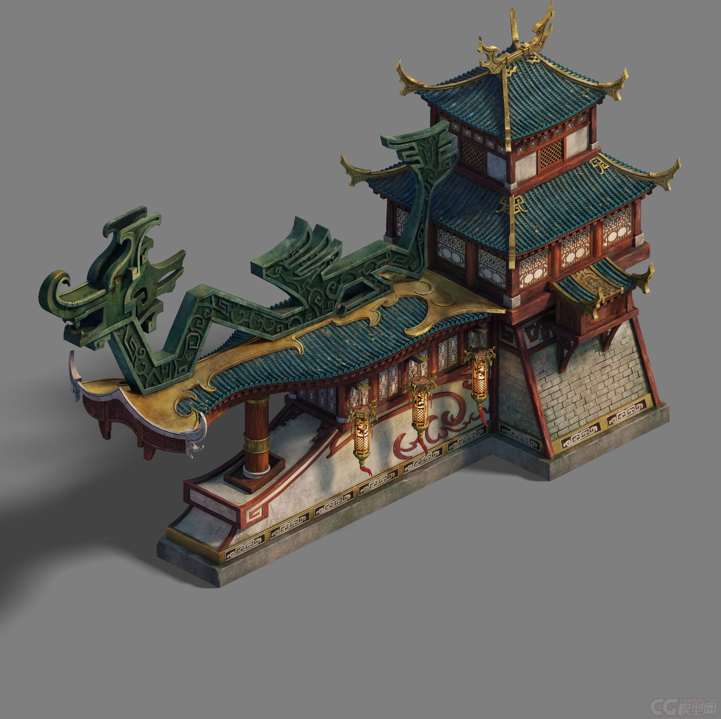 主城围墙,龙型青铜围墙建筑,大门,青铜房子,灯笼