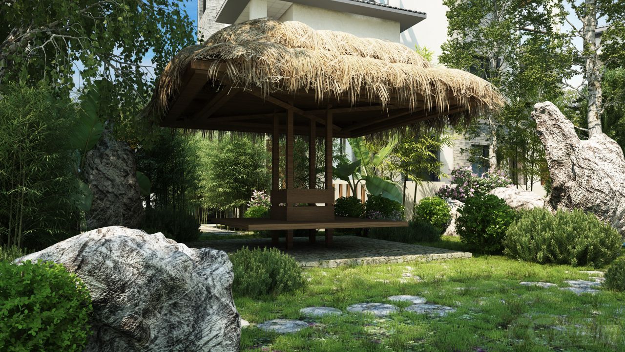 精美 高品质 中式园林景观 茅草屋 中式景观-现代场景