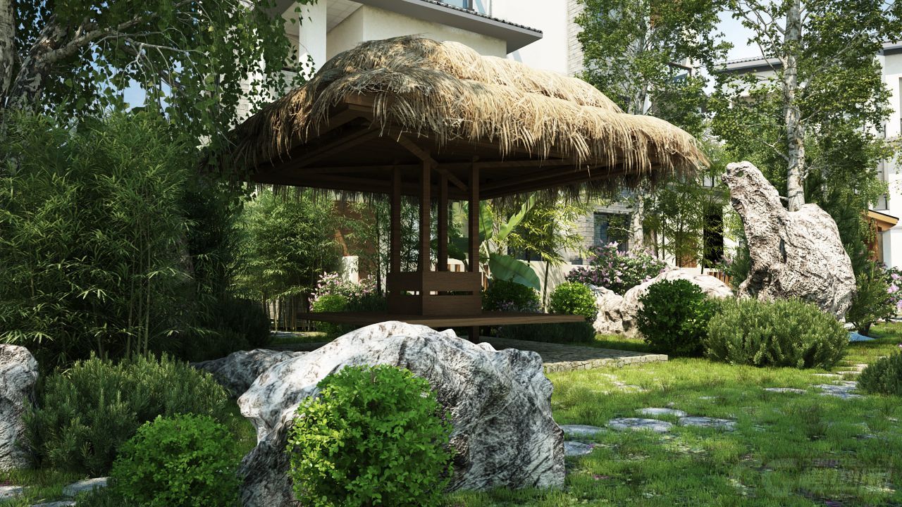 精美 高品质 中式园林景观 茅草屋 中式景观-现代场景
