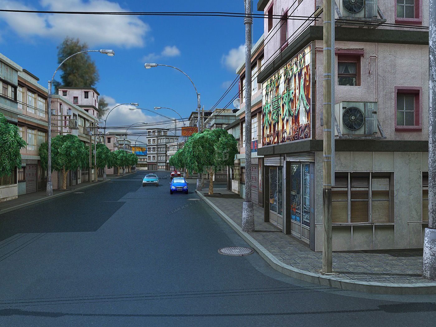 超逼真写实的简模现代虚拟现实街道场景