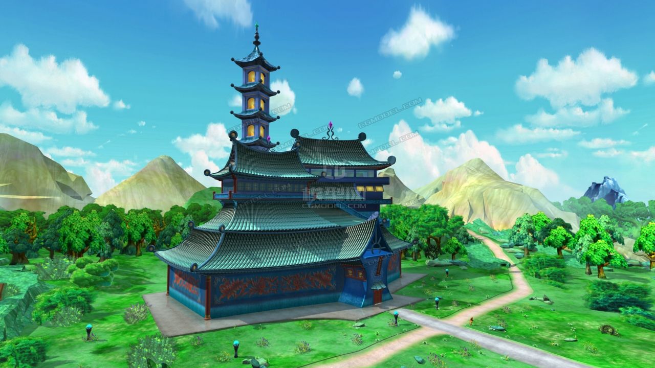 东方魔幻古代建筑外景全景,灯光材质全