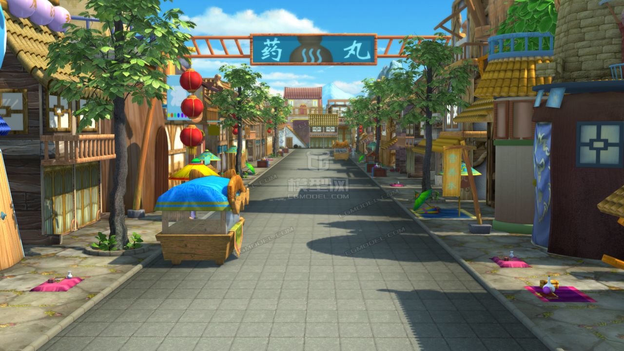 卡通东方魔幻城镇集市街道场景,手绘材质,灯光材质全