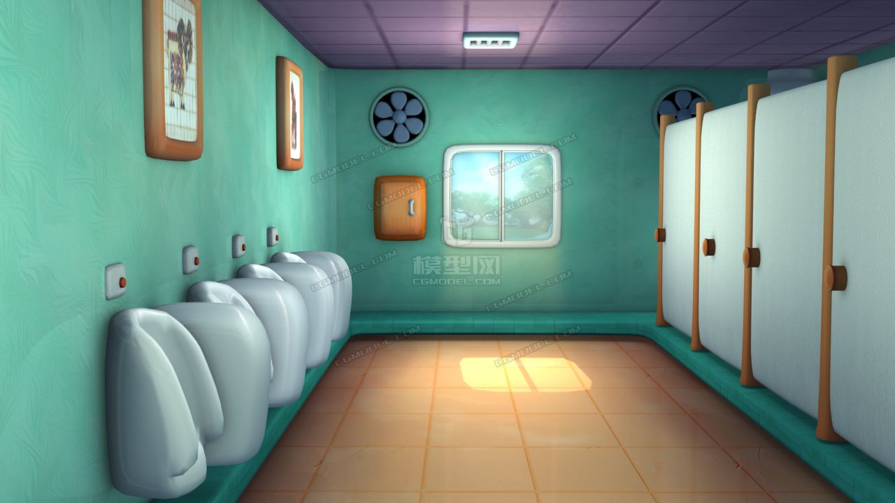 卡通手绘风格室内公共厕所卫生间场景,360度,灯光材质全