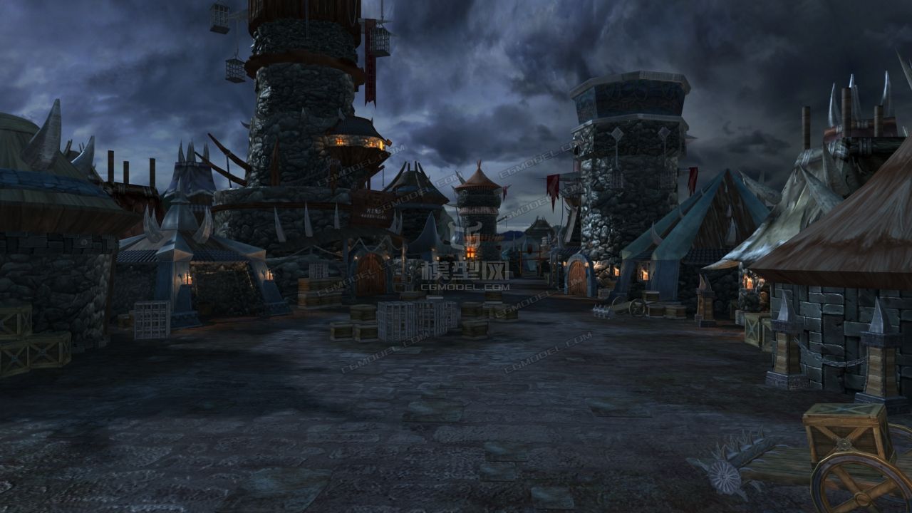 卡通暗黑部落工地战场城堡军营场景,灯光材质全