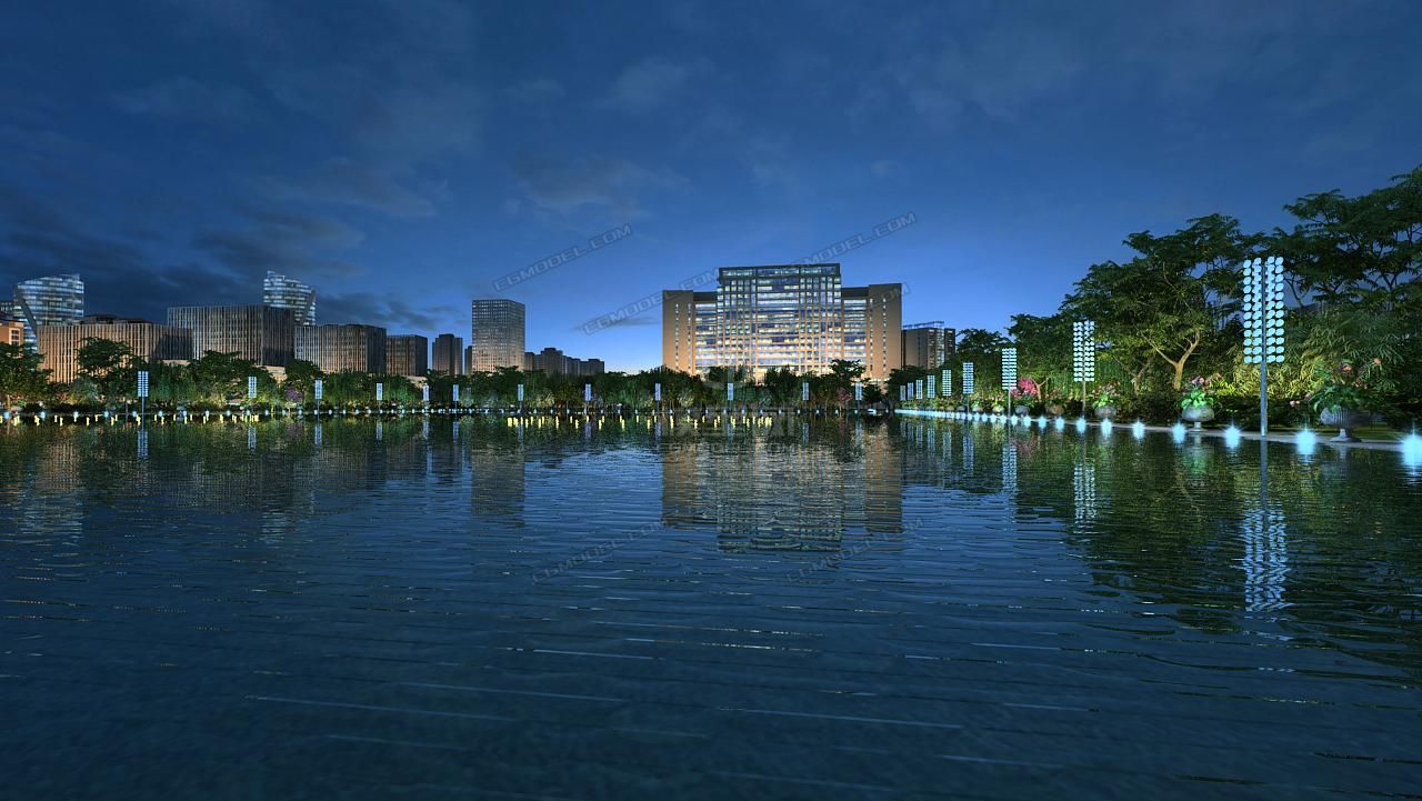办公水面夜景水面喷泉动画镜头