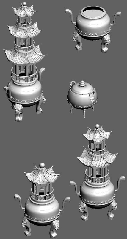 一组精致的香炉火炉3d高模模型,制作细致高精度的几只圆形炉鼎,炼丹炉