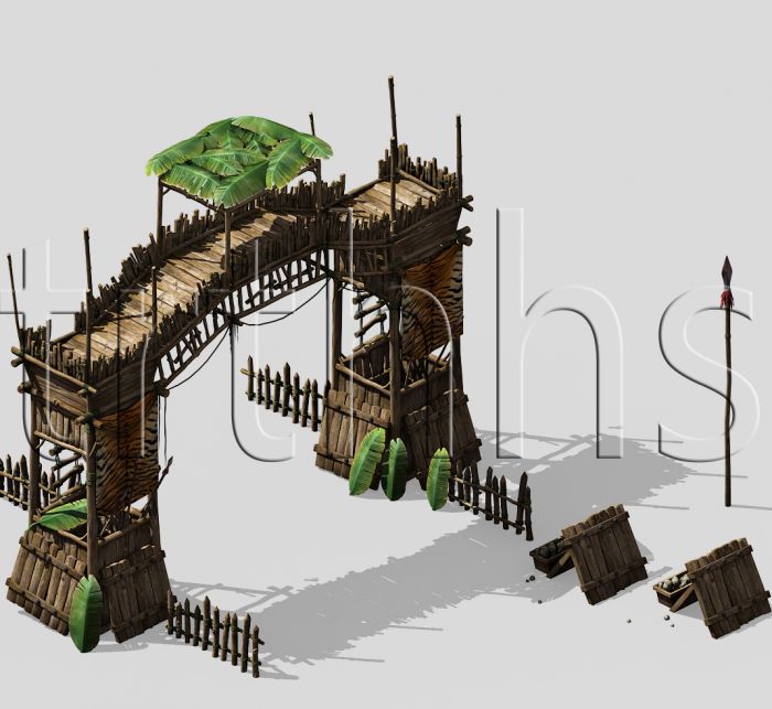 三座写实的岗哨木塔门桥3d高模型,山寨门大门木桥碉堡哨塔栅栏芭蕉叶
