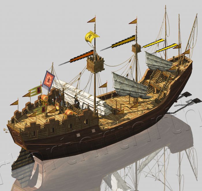 高精度的一艘古代战舰3d高模型,写实的唐朝帆船巨舰船大木船大船争战