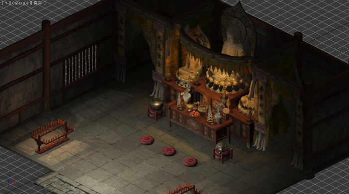 带有菩萨破旧寺庙的室内完整场景模型