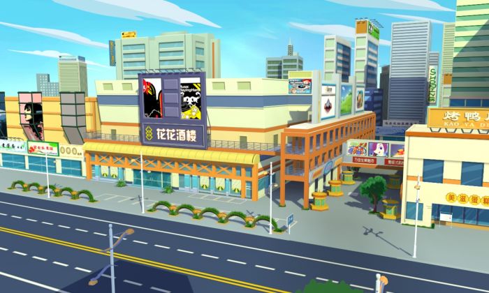 卡通二维手绘风格城市街道场景,灯光材质全