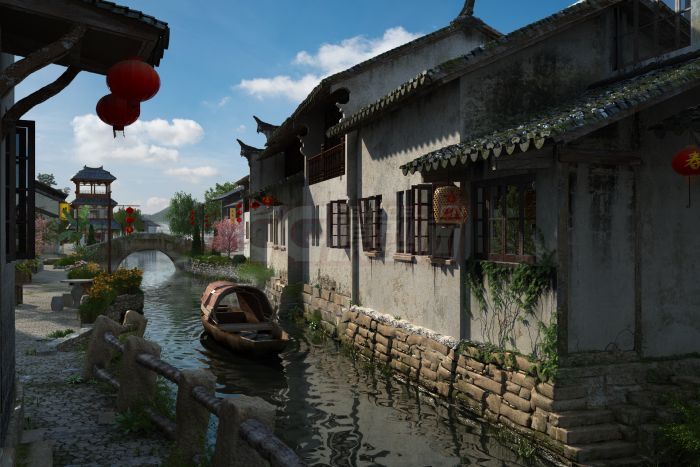周庄古镇场景,古建场景,原创古建场景模型,材质灯光已