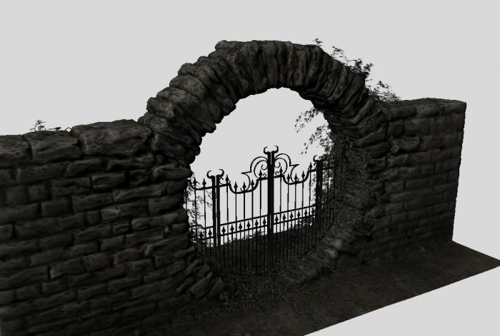 带围墙的石头圆形拱门,长满植物的欧式公园入口,废弃庄园别墅院门