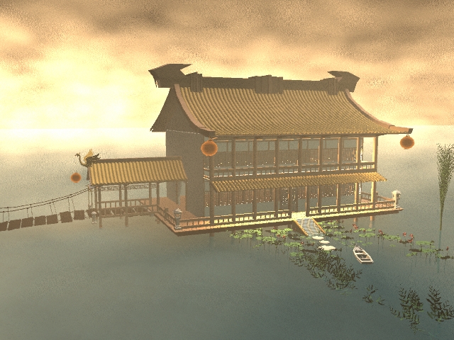 古风湖中带桥木屋 东方古建筑场景 付贴图 精致唯美
