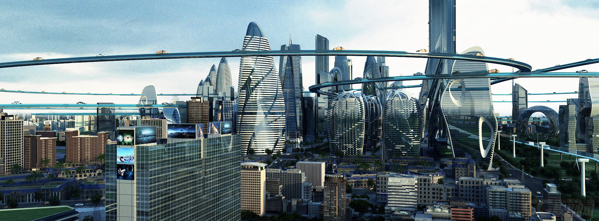 未来科幻城市悬浮轨道大楼特写
