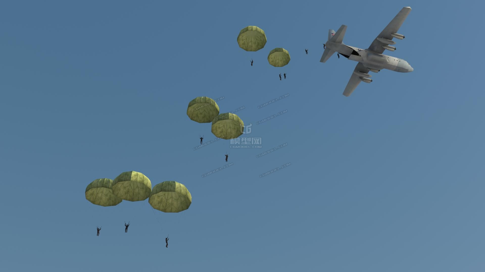 带动画运输机飞机跳伞伞兵跳落