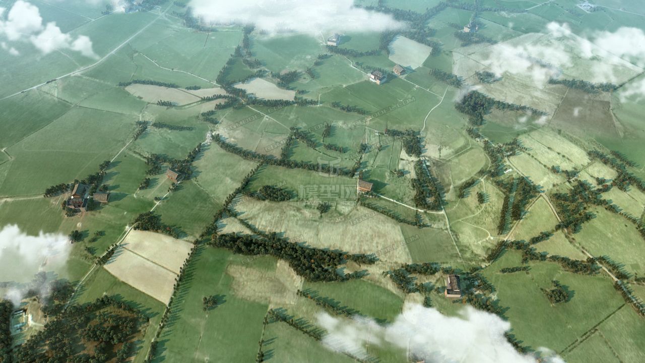 写实农田村庄鸟瞰动画场景,耕地,民房,绿植,农田,田野