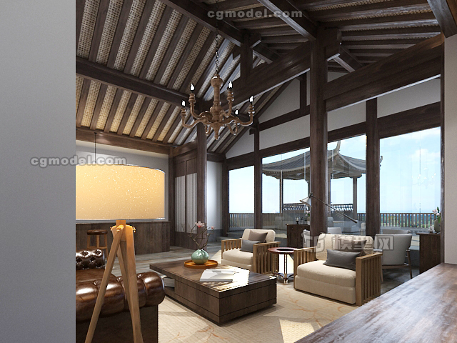 造茶餐厅 新中式休闲厅 彩色玻璃吊灯 皮沙发 日