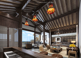 造茶餐厅 新中式休闲厅 彩色玻璃吊灯 皮沙发 日