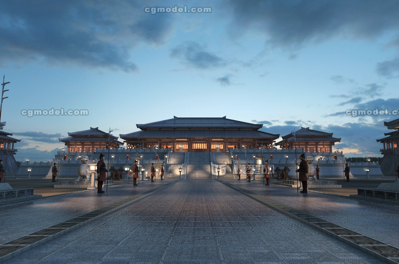 写实古代宫殿由正门进入穿行至宫殿近景,汉朝皇宫,未央宫精美气氛完整场景两种渲染效果