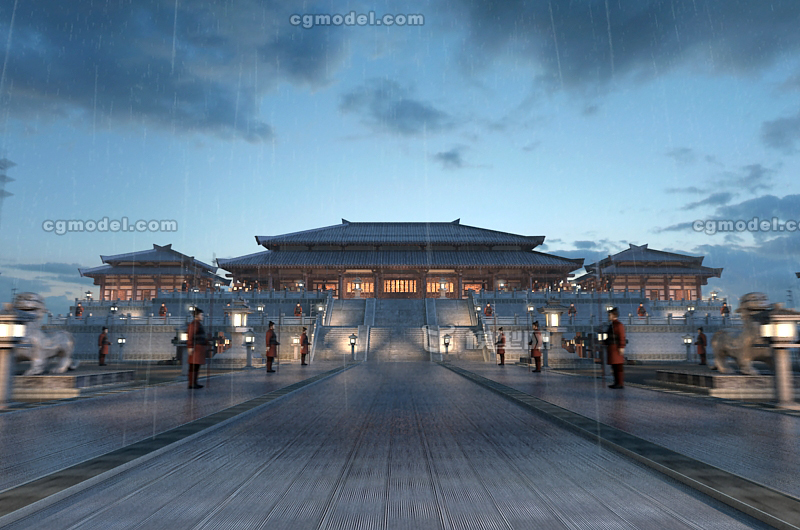 写实古代宫殿由正门进入穿行至宫殿近景,汉朝皇宫,未央宫精美气氛完整场景两种渲染效果