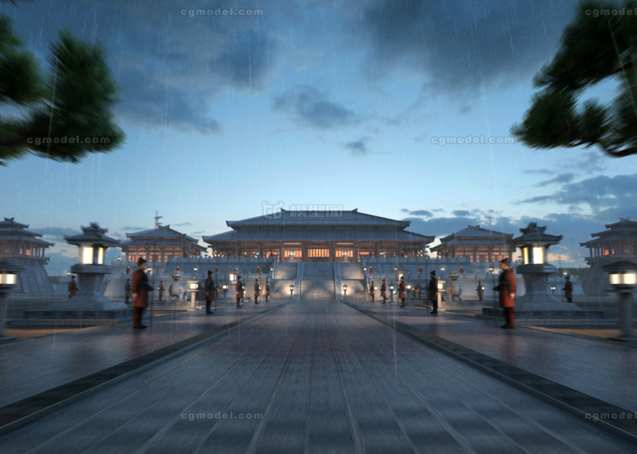 写实古代宫殿由正门进入穿行至宫殿近景,汉朝皇宫,未央宫精美气氛完整场景两种渲染效果