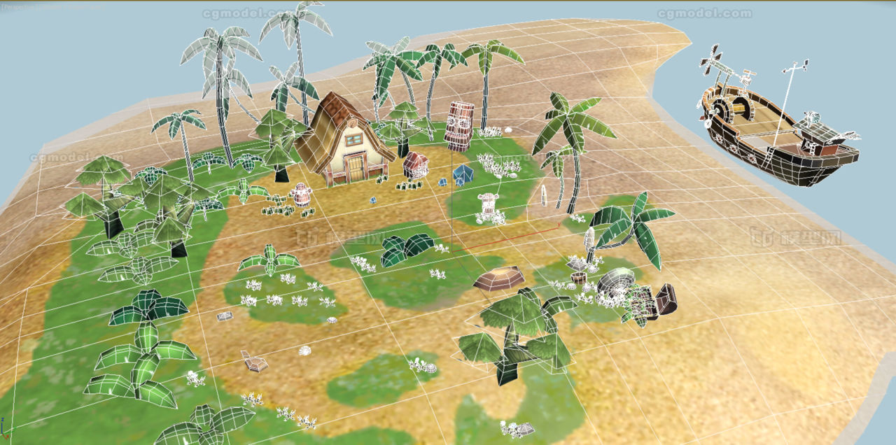 卡通q版海滩海岛小岛沙滩椰子树小屋船