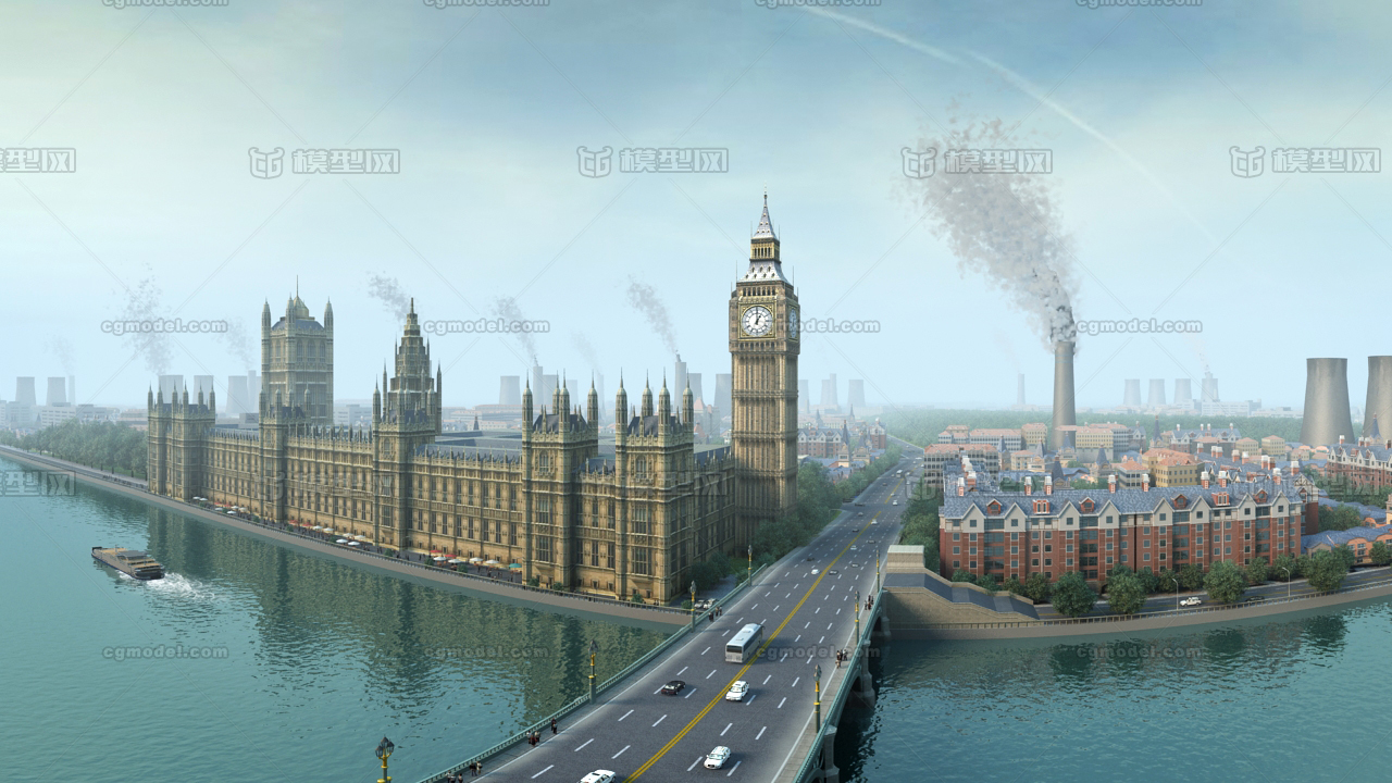 写实英国伦敦工业革命时期污染鸟瞰场景再现,