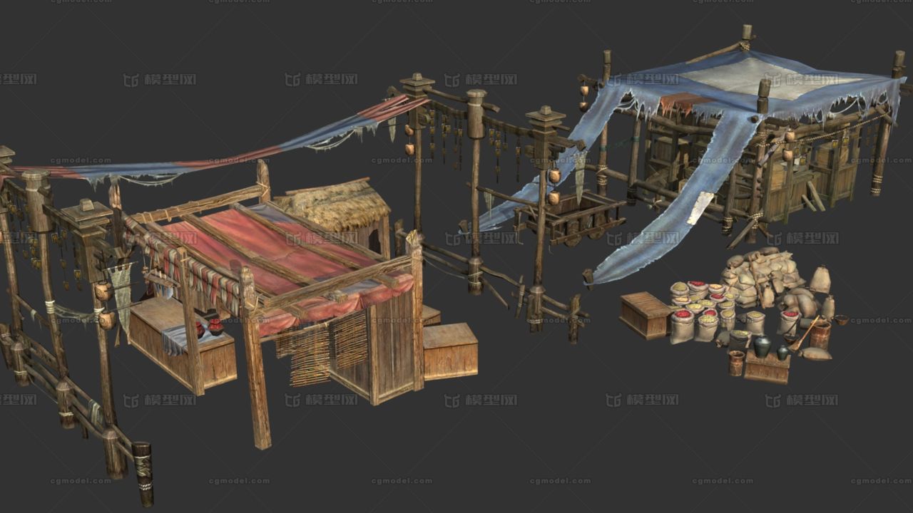 中国古代古建小场景杂货铺杂货摊杂物道具粮食沙包粮草布幔土城建筑