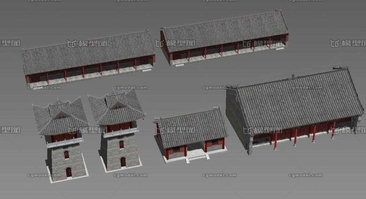 一组古建 寺庙山门 钟鼓楼 大殿 厢房