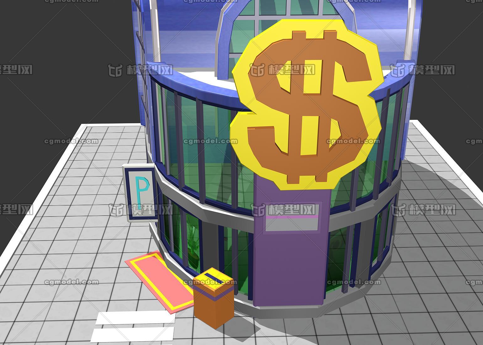 现代卡通风格q版银行钱庄建筑模型