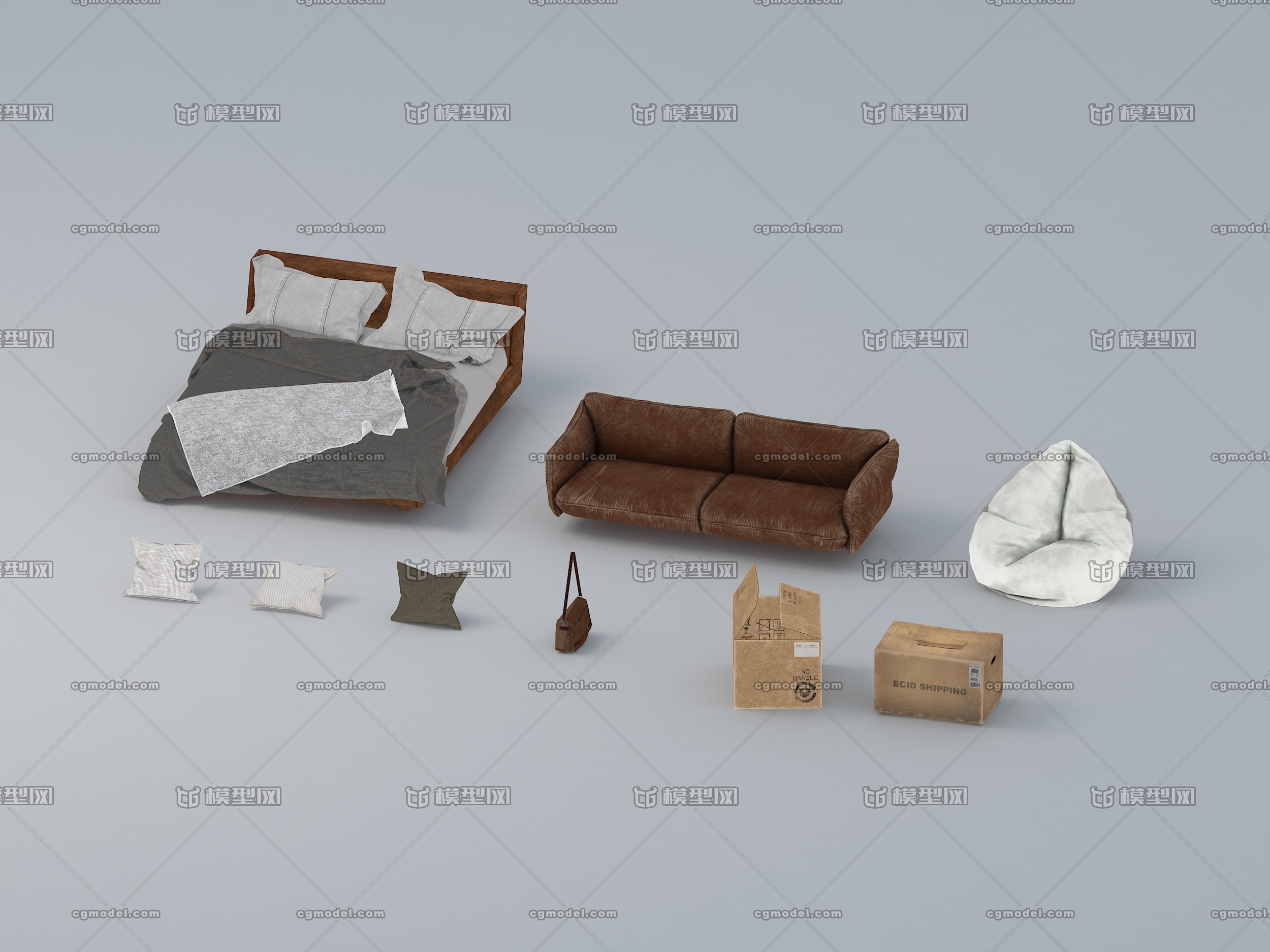 现代床、沙发、纸箱,纸皮箱,枕头,挎包,皮沙发,