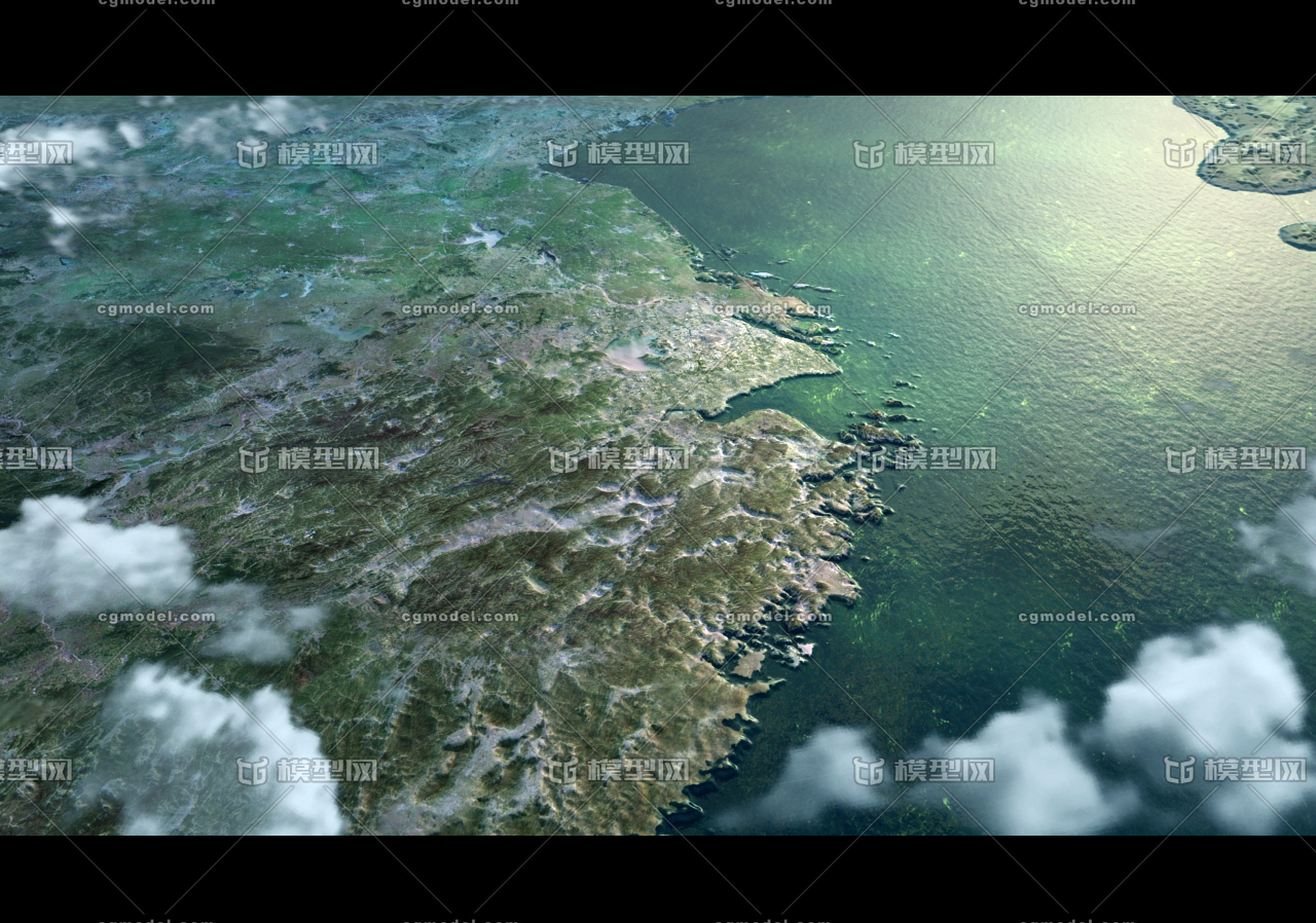 写实鸟瞰中国沿海城市卫星图穿云动画场景,沿海城市,卫星图,地图,地形