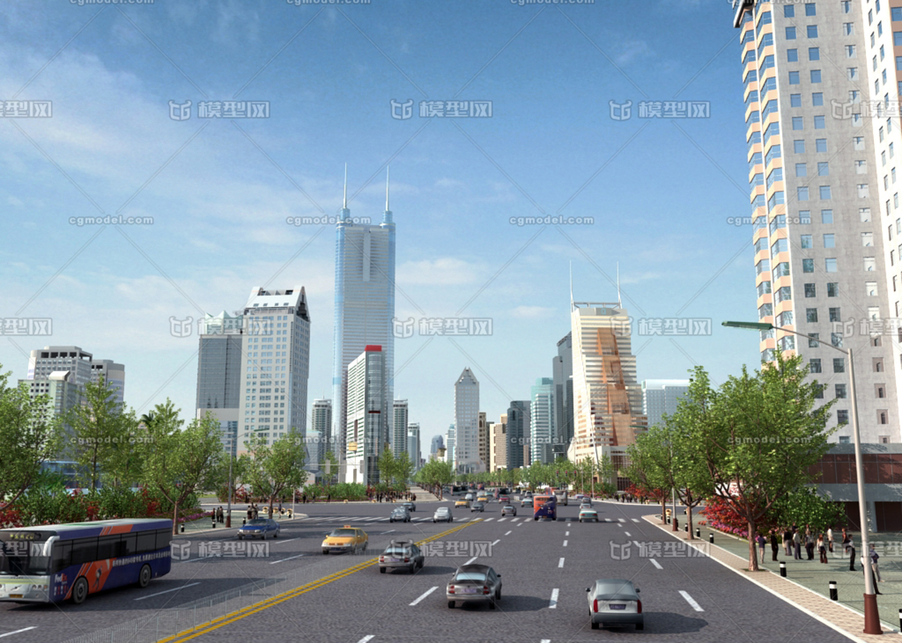 写实城市街道建筑动画场景,未来城市,建筑,街道,配楼,行道树,路灯