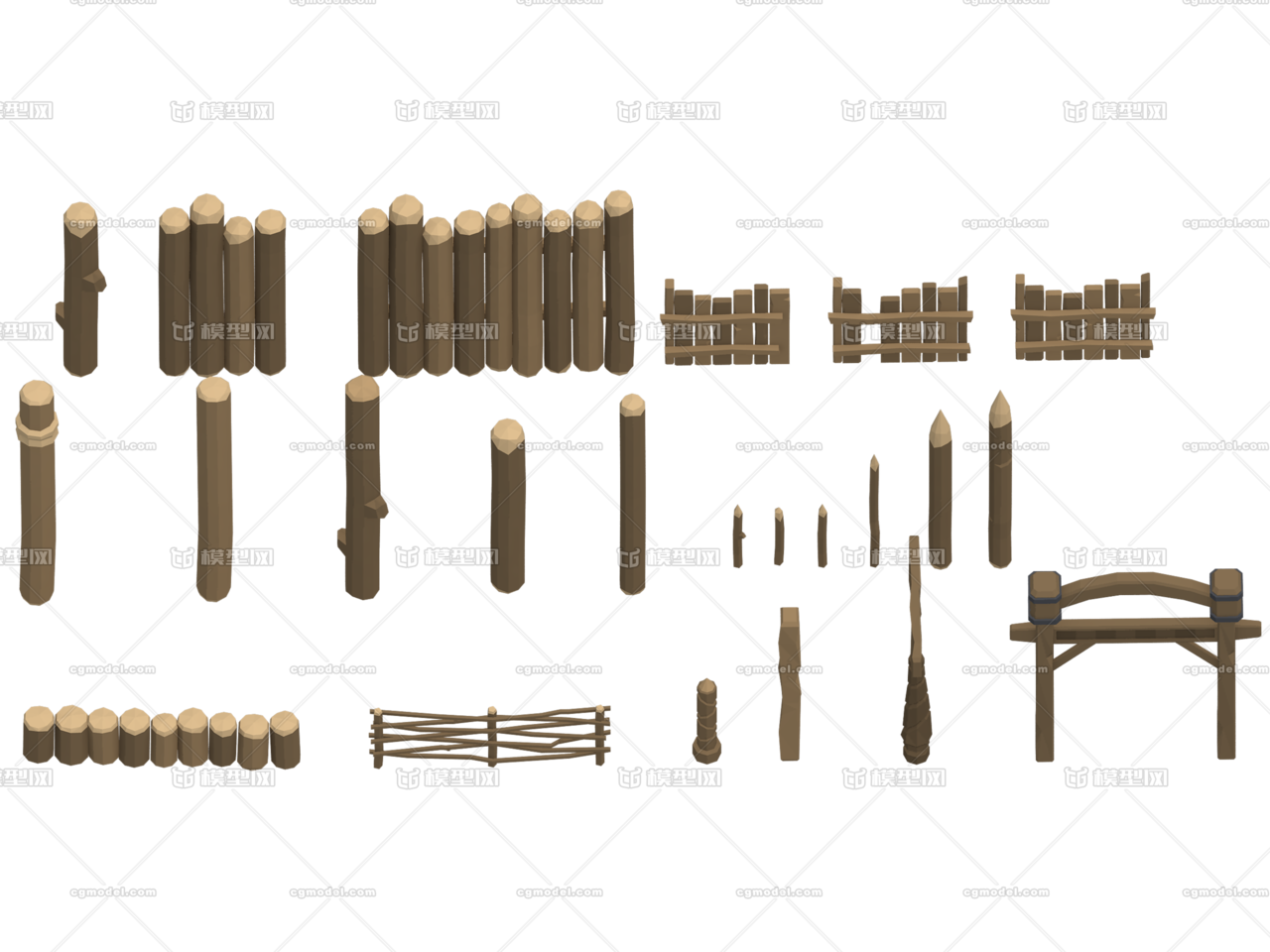 手绘低模lowpoly 低多边形像素木制品木牌坊木柱木头木护栏木栏栅木墩围栏围 场景部件 场景 Lanming2016 Cg模型网