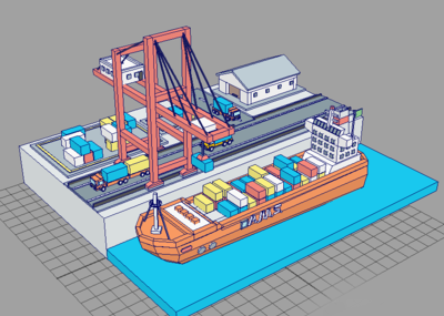 Poly卡通风格 轮船码头货船 集装箱吊装场景模