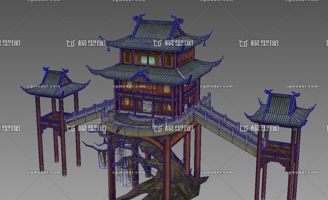 中国风武侠仙侠_古建筑_低模手绘_手游场景模型_古风建筑二层阁楼
