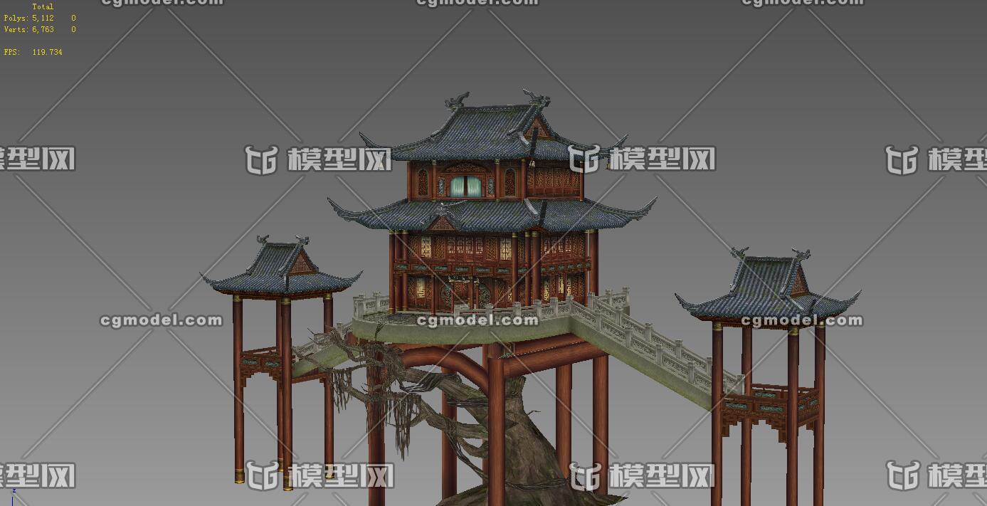 中国风武侠仙侠_古建筑_低模手绘_手游场景模型_古风建筑二层阁楼