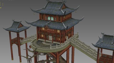 中国风武侠仙侠_古建筑_低模手绘_手游场景模型_古风建筑二层阁楼